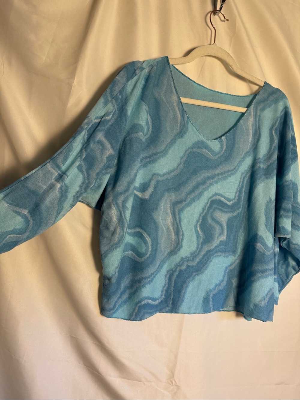 Vintage Y2K Light Blue Marble Oversized Women's Spring Knit Top 3/4 Sleeve